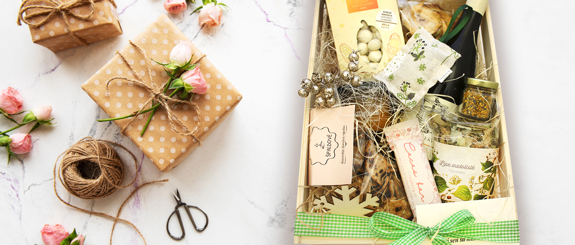 Košík s ovocím, čokoládou a fľaškami