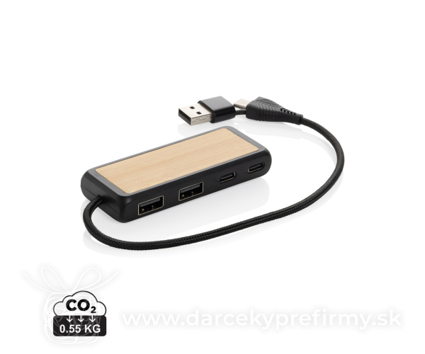 USB rozbočovač s duálnym vstupom Link z RCS plastu a bambusu